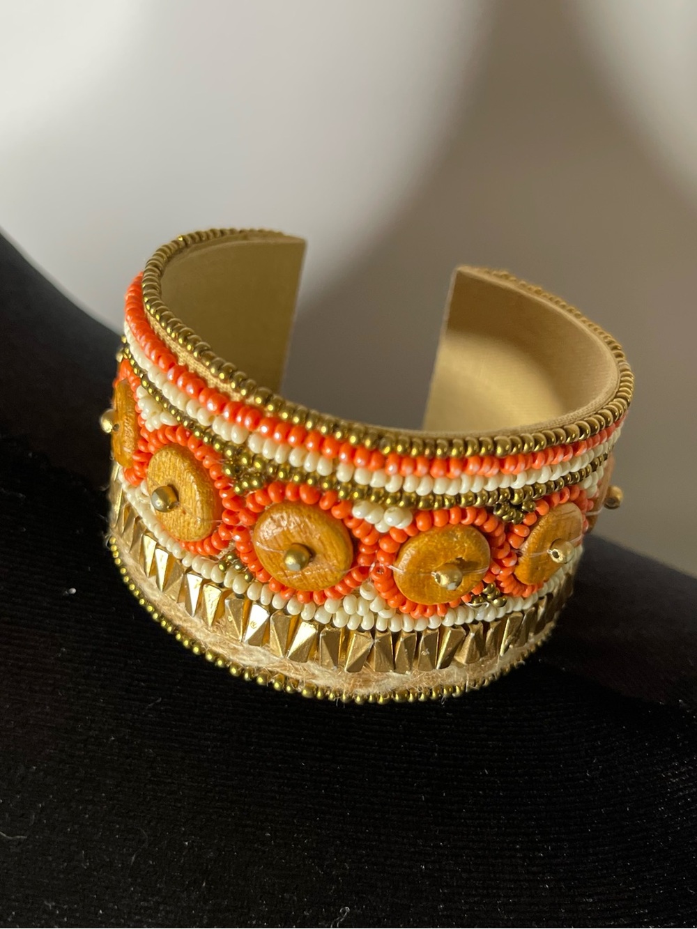 🌙✨Boho Tribal Seed Bead Cuff Bracelet – Orange & Gold Metallic Summer Statement